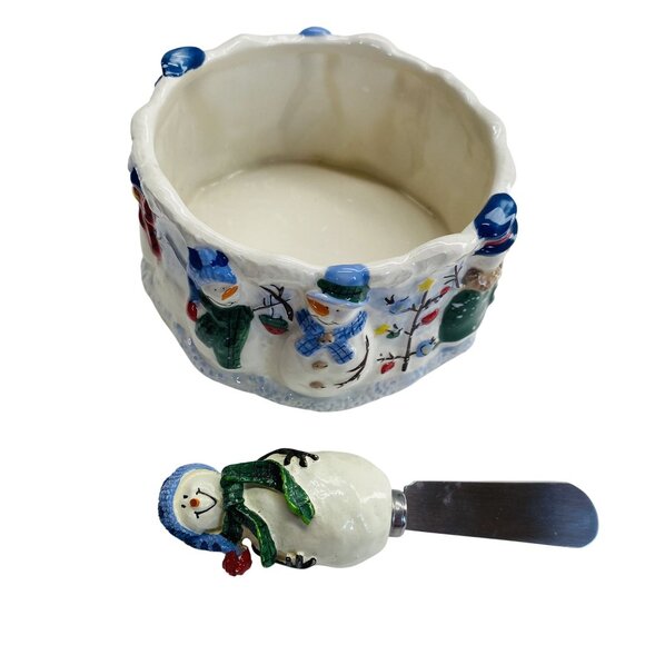 St. Nicholas Square Button Up Snowman-Themed Ceramic Bowl & Spreader Serving Set - Picture 4 of 8